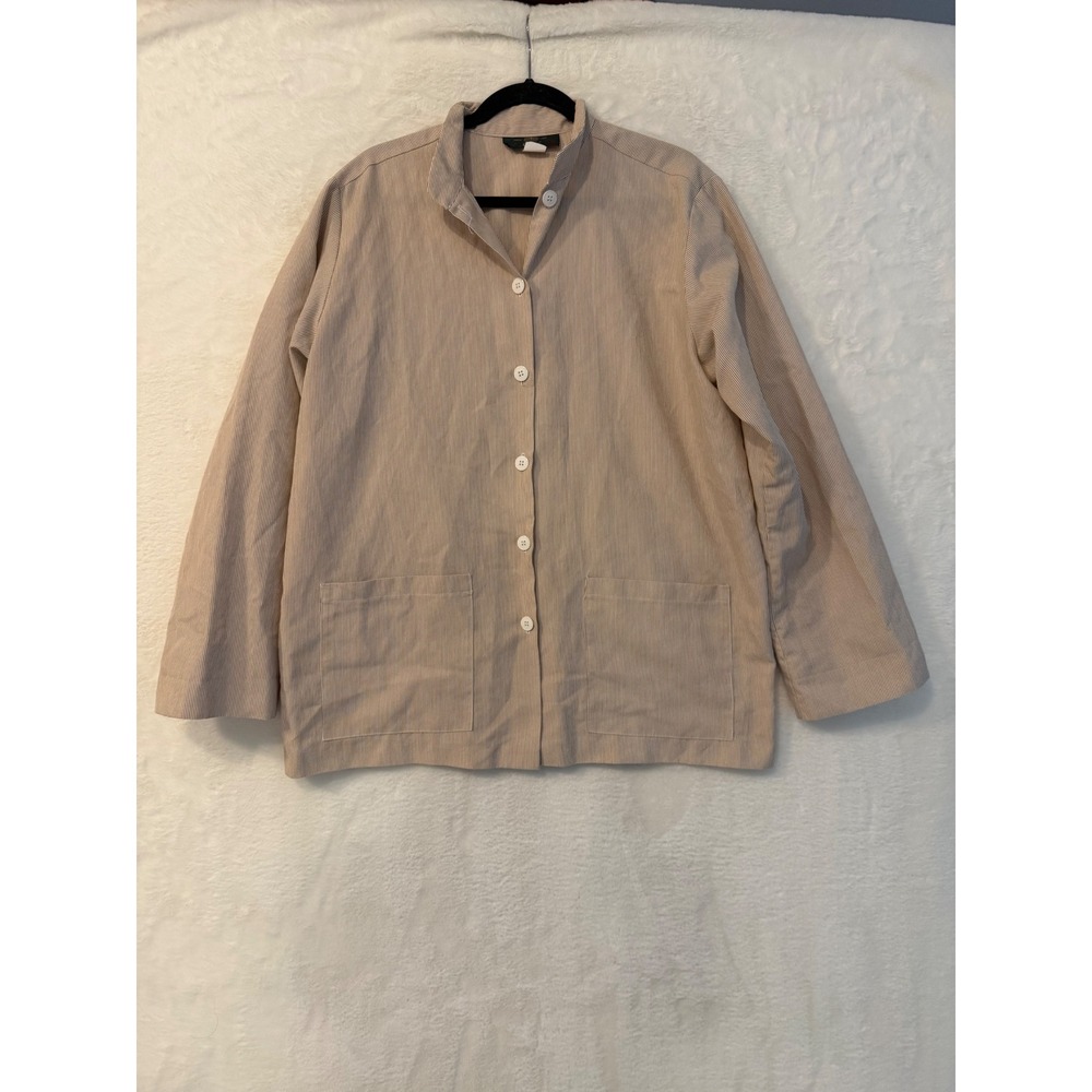 Orvis Vintage Seersucker Chore Jacket Tan White Stripe Mandarin Collar Large USA